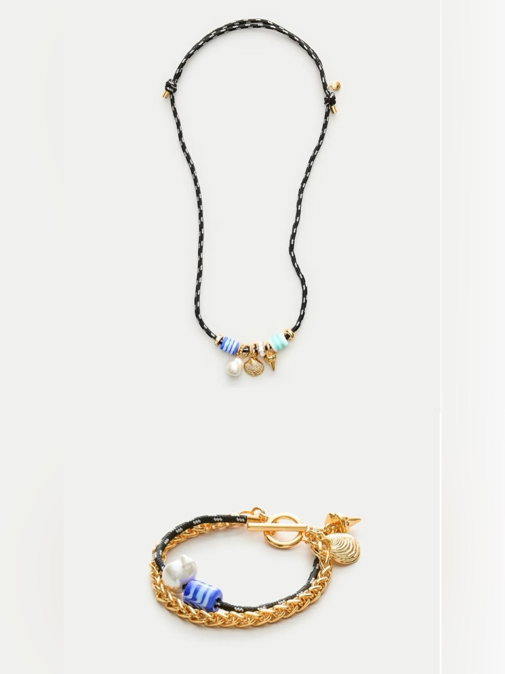 J.Crew NWT Set Beaded Cord Necklace And Bracelet Gold Plated Cubic Zirconia